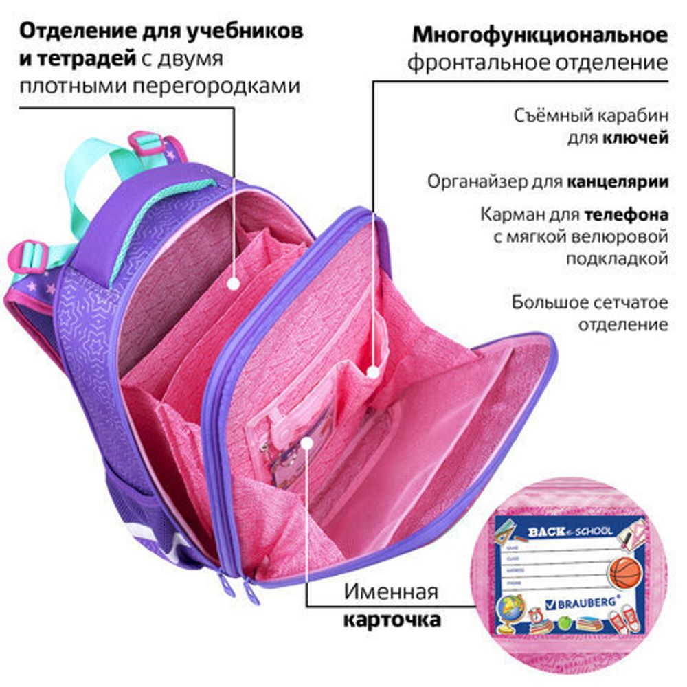 Ранец BRAUBERG PREMIUM, 2 отделения, с брелком, "Shining stars", 38х29х16 см, 271353