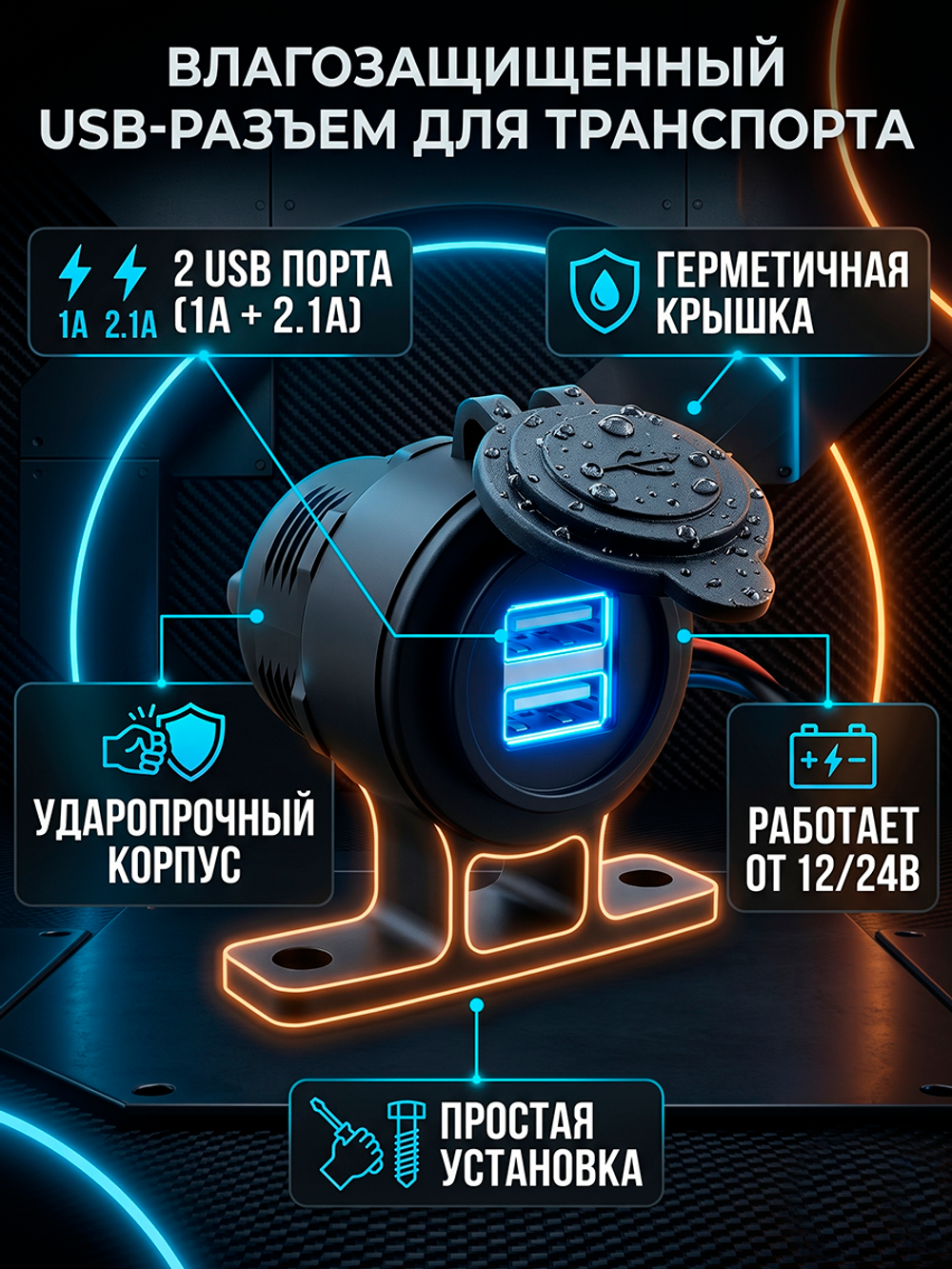 Разъем USB 5В 3.1А для крепления под приборную панель