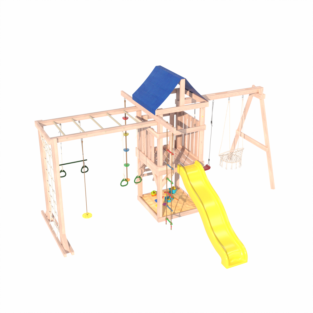 Детская площадка Fun Land неокрашенная с сеткой, рукоходом, качелями и плетенным креслом