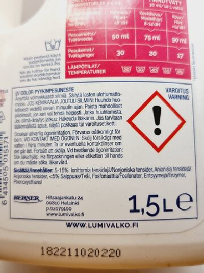 LV гель для стирки цветного белья, без отдушки, гипоаллергенное, 1.5 л в бутылке (из Финляндии)