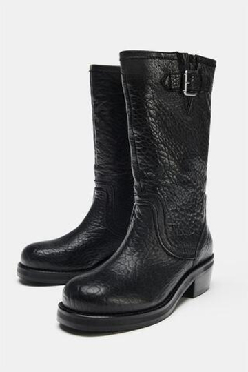 ZARA КОЖАНЫЕ БОТИНКИ С ПРЯЖКОЙ, ЧЕРНЫЙ