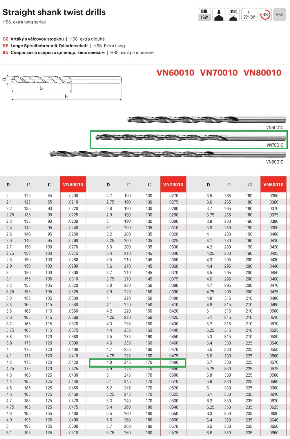 Сверло особо длинное  4,8x245/170  серия 2,DIN 1869, HSS VN70010.0480