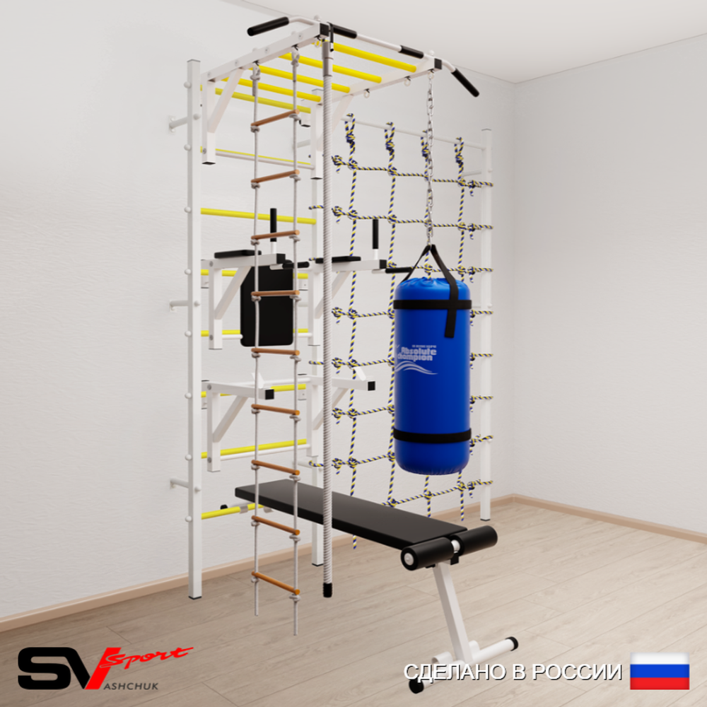 Шведская стенка Sv Sport усиленная 66530 (Турник рукоход/Брусья/Стойка/Скамья/Канат/Лестница/Цепь/Мешок 30кг/Канатный лаз)