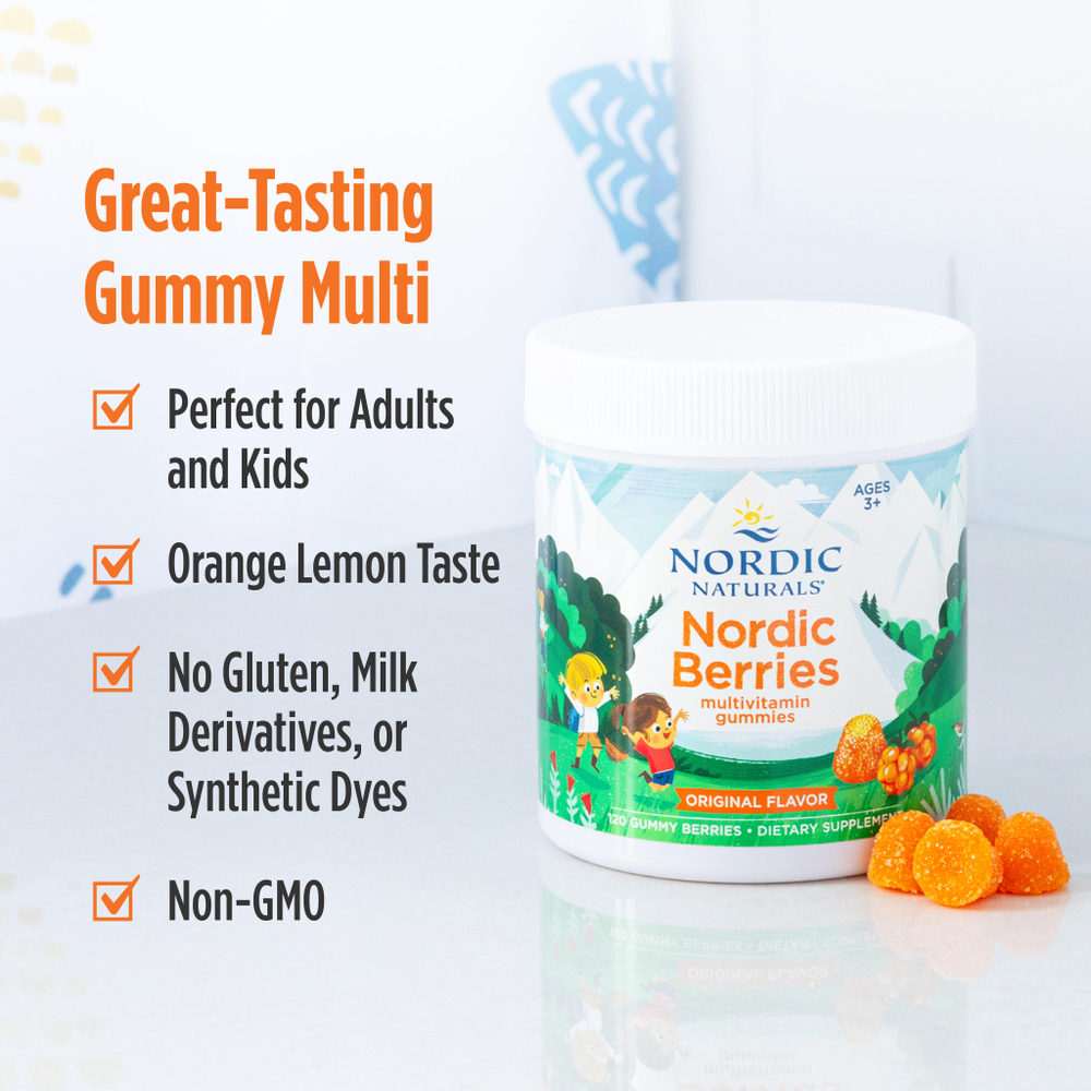 Nordic Naturals, Nordic Berries, мультивитаминные жевательные таблетки, для детей от 3 лет, апельсин и лимон, 200 жевательных таблеток