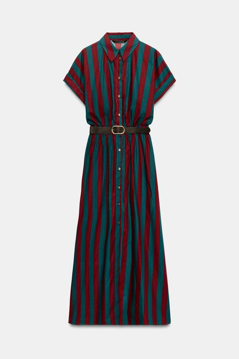 ZARA ПЛАТЬЕ-РУБАШКА МИДИ В ПОЛОСКУ С РЕМНЕМ, РАЗНОЦВЕТНЫЙ
