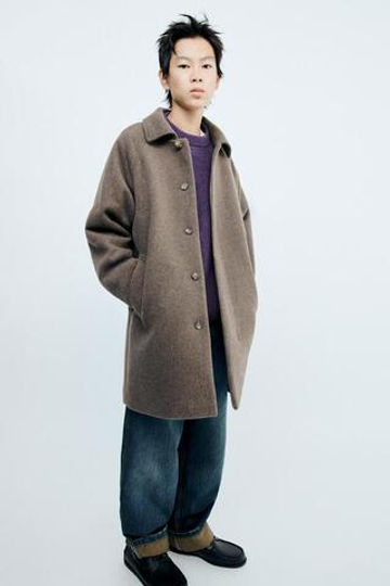 ZARA STORIESZ — ДЛИННОЕ ПАЛЬТО ИЗ ШЕРСТИ MANTECO, СЕРОВАТО-КОРИЧНЕВЫЙ