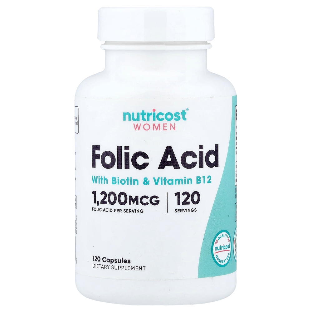 Nutricost, Фолиевая кислота с биотином и витамином B12 для женщин, 120 капсул