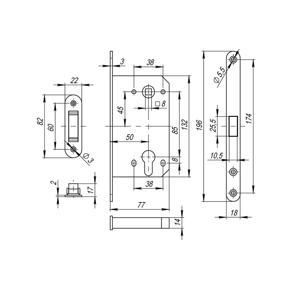 Корпус врезного замка MAGNM85C-50 (M85C-50) SSC сатинированный хром
