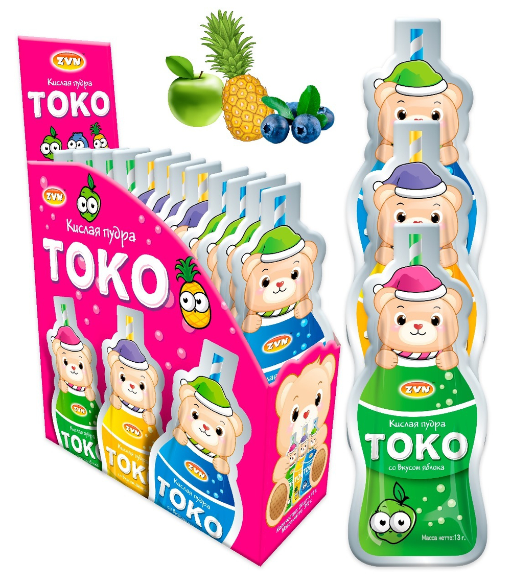 Кислая пудра «Токо» со вкусом яблока, черники,ананаса ZVNTM 13г*24шт*12бл