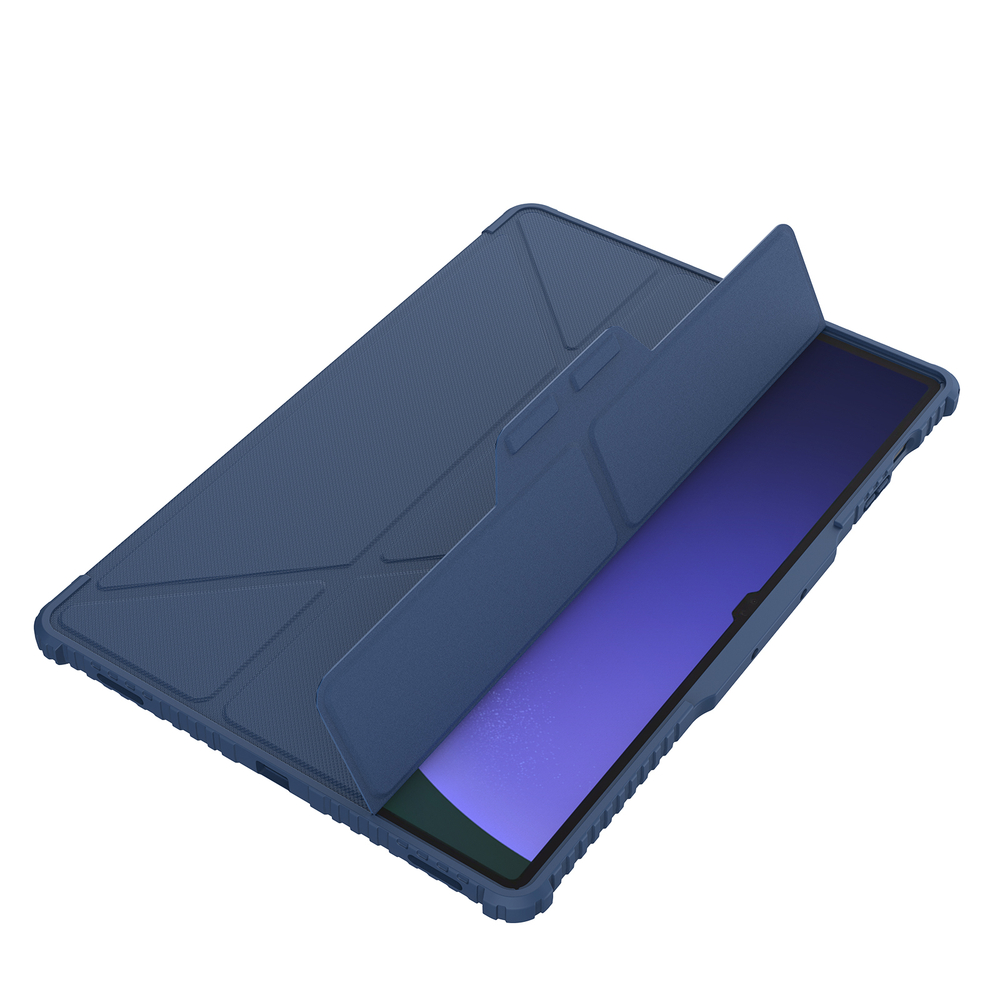 Чехол книжка синего цвета от Nillkin для планшета Samsung Galaxy Tab S9 Ultra и Tab S10 Ultra, серия Bumper Pro Case-Multi Angle Folding Style, с защитной шторкой для камеры