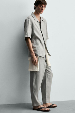ZARA БРЮКИ RELAXED FIT ИЗ 100% ЛЬНА, СВЕТЛО-СЕРЫЙ
