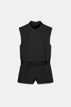 ZARA КОРОТКИЙ САТИНОВЫЙ КОМБИНЕЗОН, ЧЕРНЫЙ