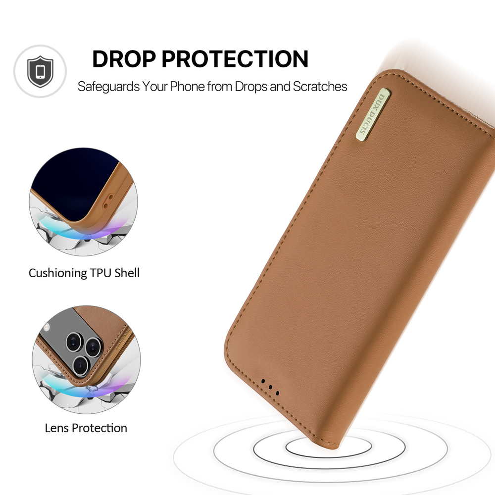 Чехол книжка из натуральной кожи коричневого цвета для iPhone 17 Pro Max, серия Hivo Series Case (защита RFID) от Dux Ducis