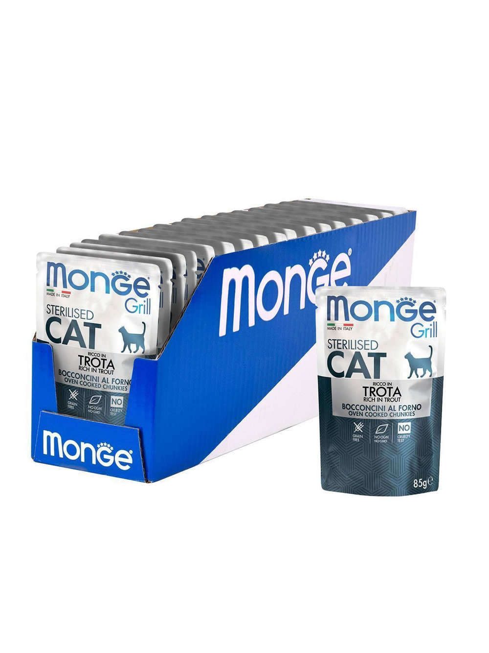 Итальянская форель, 85г влажный корм для стерилизованных кошек Monge Cat Grill Pouch