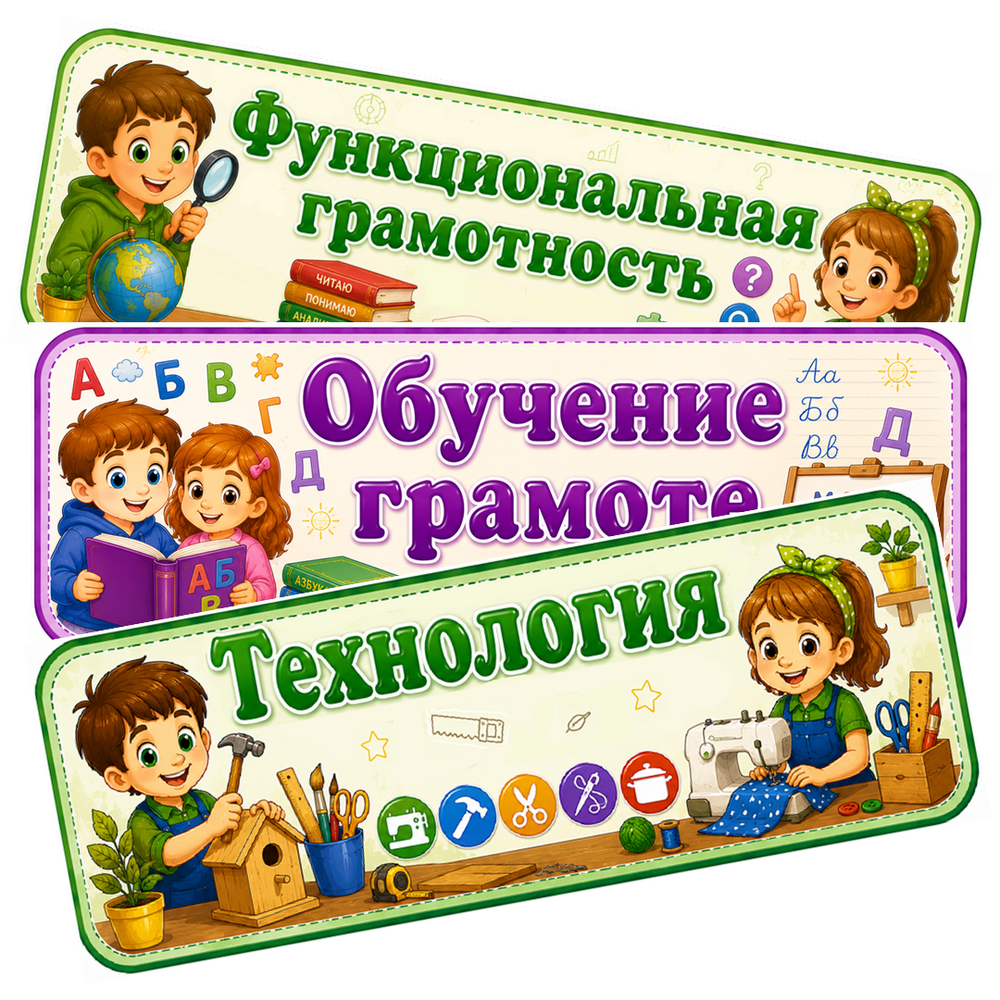 Таблички «Названия школьных предметов», «Дни недели», «Полезные напоминания». Расписание уроков. 1-4 класс. PDF-материал