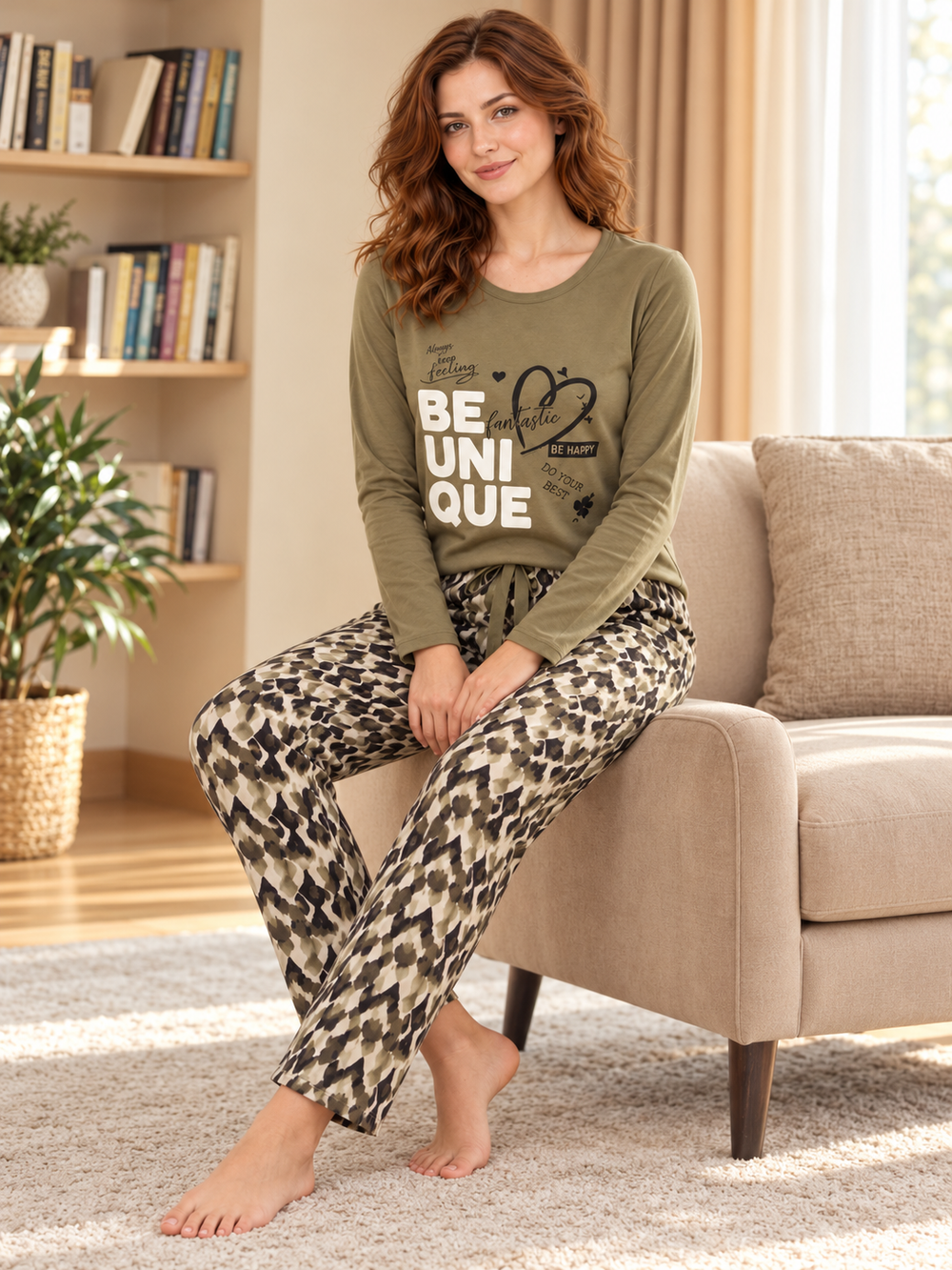 Женская пижама-комплект RUBINA Secret Homewear: верх и брюки, оливковая BE UNIQUE