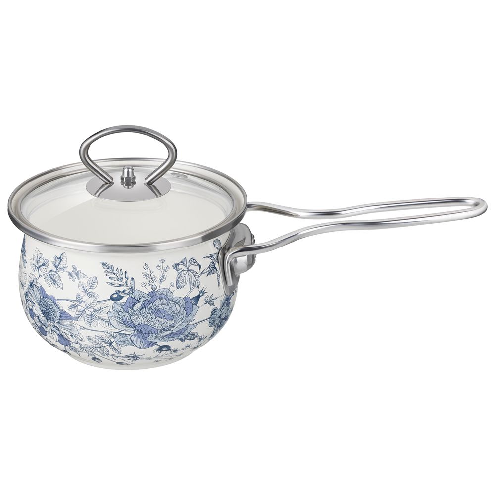 КОВШ AGNESS ЭМАЛИРОВАННЫЙ СО СТЕКЛЯННОЙ КРЫШКОЙ СЕРИЯ "ROYAL BLUE", 0,9 Л, ДИА. 14СМ