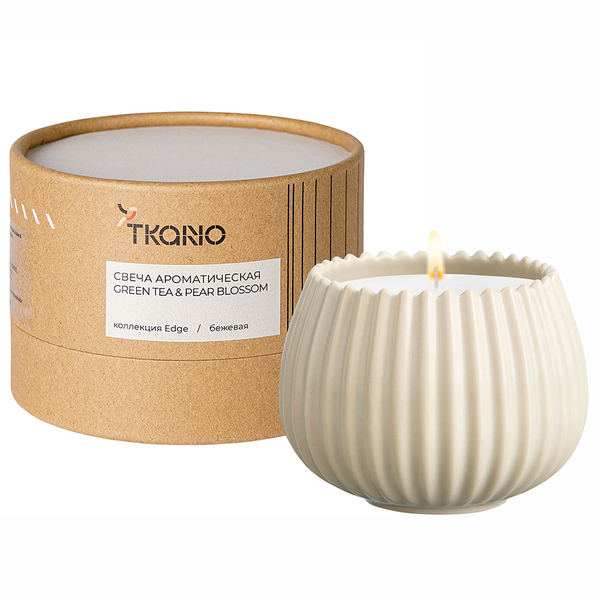 Свеча ароматическая Tkano Edge Green tea & Pear blossom бежевая 30ч