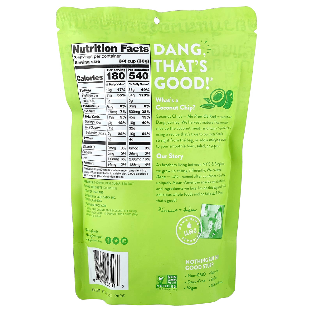 Dang Foods, Кокосовые чипсы, оригинальный рецепт, 90 г (3,17 унции)
