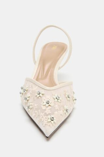 ZARA ТУФЛИ-МЮЛИ ИЗ СЕТЧАТОЙ ТКАНИ С БУСИНАМИ, БЕЛЫЙ