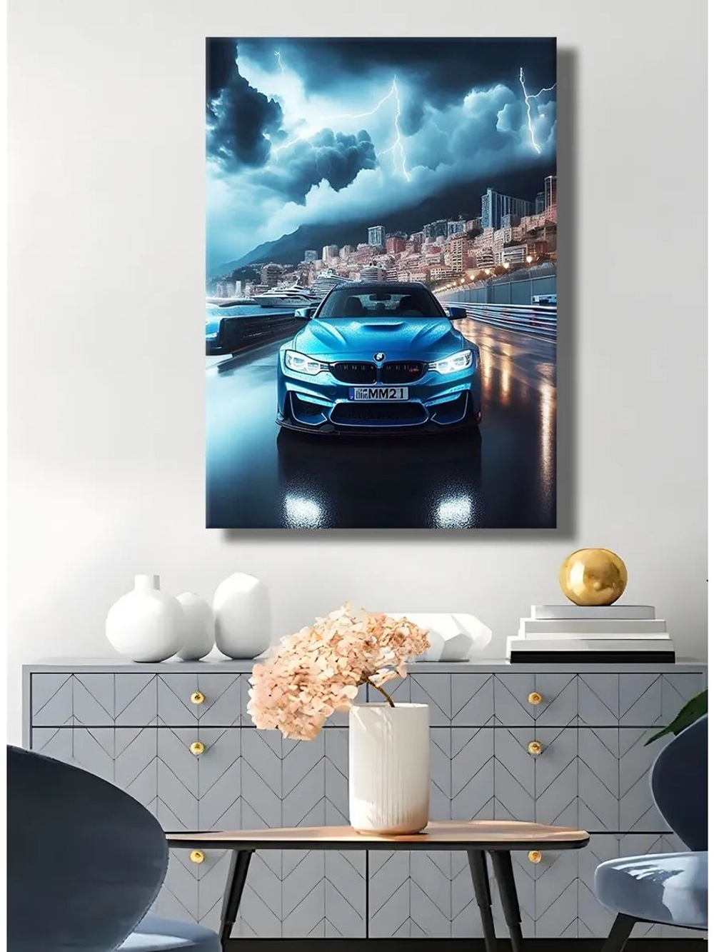 Картина "BMW в отражении ", интерьерная 50х70см 1шт., на деревянном подрамнике