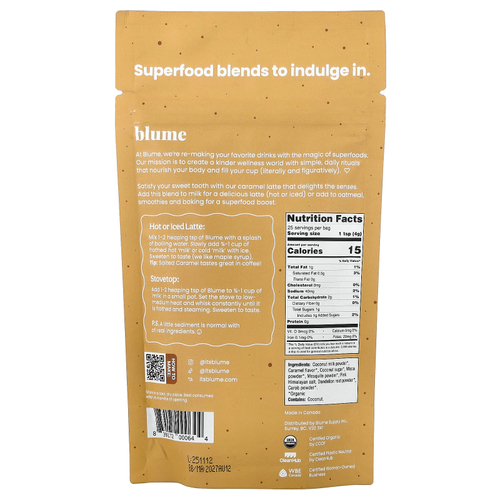 Blume, латте с суперфудами, соленая карамель, без кофеина, 100 г (3,5 унции)