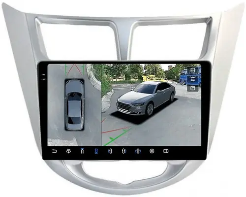Магнитола для Hyundai Solaris 1 2010-2016 (рамка серебро) - FarCar BX067M-360 монитор 9.5" 2K QLED на Android 13, Быстрая, CarPlay, 4G SIM-слот, 4 камеры в комплекте