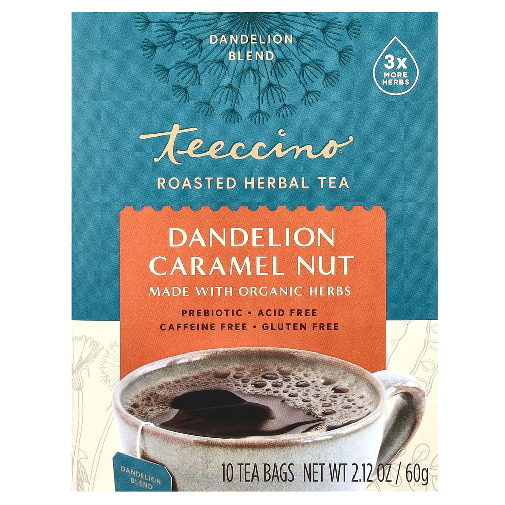 Teeccino, Жареный травяной чай, одуванчик и карамель, без кофеина, 10 чайных пакетиков, 60 г (2,12 унции)