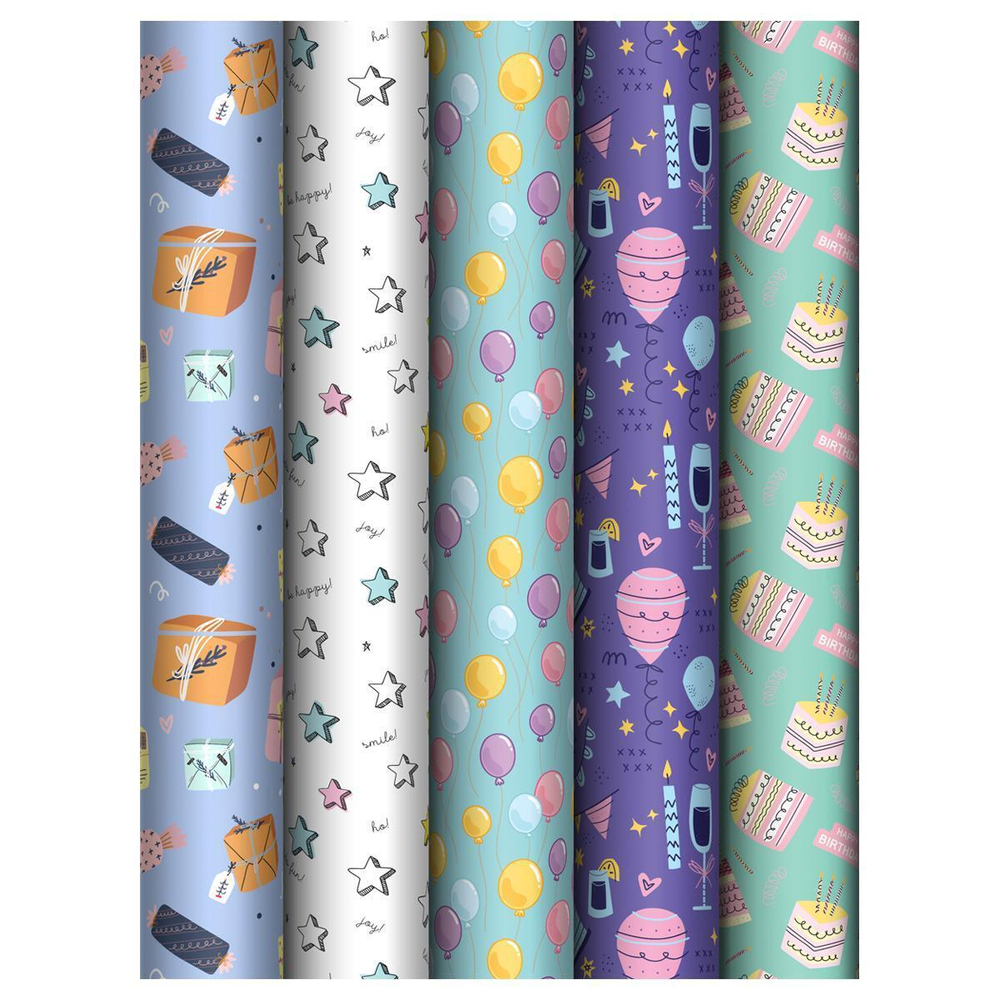 Упаковочная бумага глянц. 70*100см. "Birthday mood" 80 г/м2, ассорти, 5 диз. (MESHU)