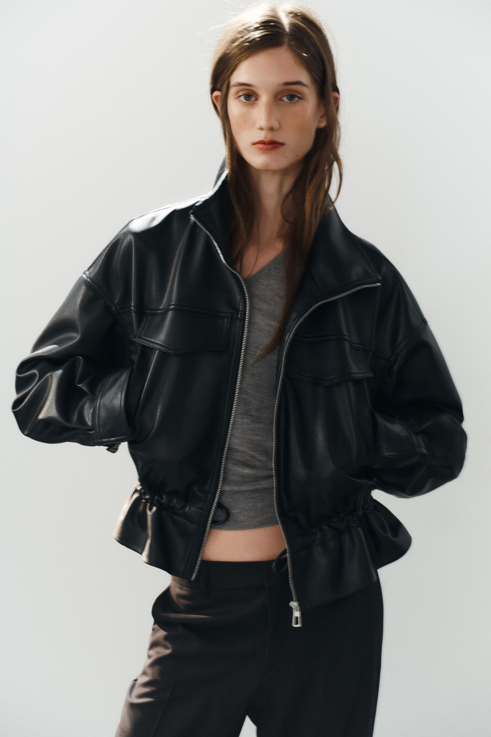 ZARA КУРТКА ИЗ ИСКУССТВЕННОЙ КОЖИ С РЕГУЛИРУЕМОЙ ТАЛИЕЙ, ЧЕРНЫЙ