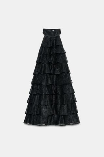 ZARA КОРОТКОЕ ПЛАТЬЕ С ВОЛАНАМИ И КРУЖЕВОМ, ЧЕРНЫЙ