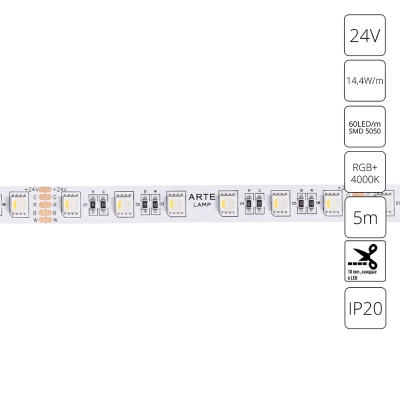 Светодиодная лента 24V 14,4W/m RGB+W 4000К 5м Arte Lamp TAPE A2406012-01-RGB4K, LED