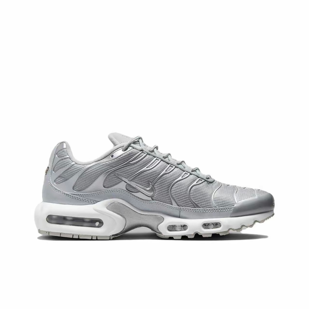 alt="Кроссовки Nike Air Max Plus арт. FJ1012-095 серебристая расцветка с отражающими язычками вид спереди"