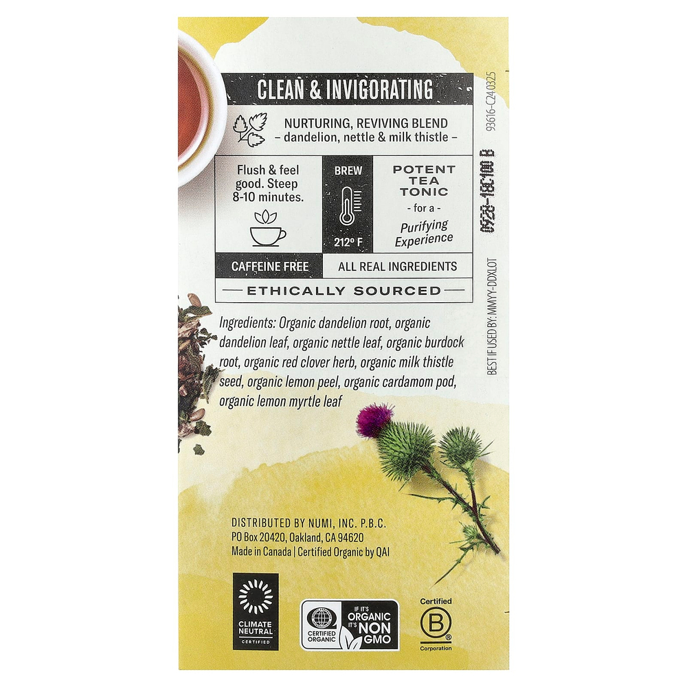Numi Tea, Organic Dandelion Detox™, без кофеина, 16 чайных пакетиков без ГМО, 32 г (1,13 унции)