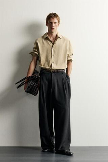 ZARA БРЮКИ RELAXED WIDE FIT СО СКЛАДКАМИ, ЧЕРНЫЙ