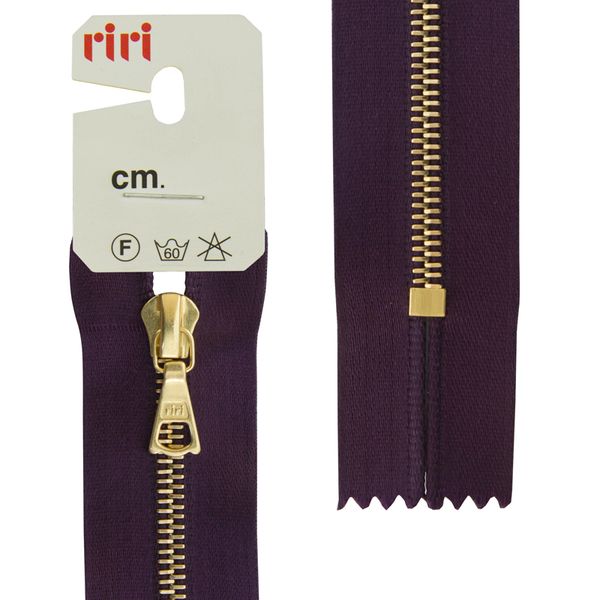 Молния металл RIRI Т4 (4 мм) 1 зам., н/раз., 16 см, Gold, атласная тесьма, цв.2510, фиолетовый темн., 1 шт
