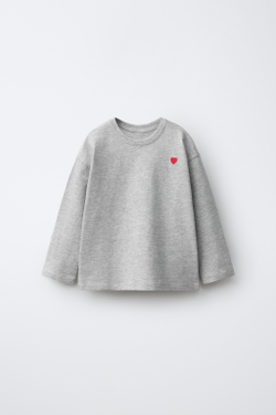 ZARA ФУТБОЛКА С ВЫШИВКОЙ «СЕРДЦЕ», СЕРЫЙ МЕЛАНЖ