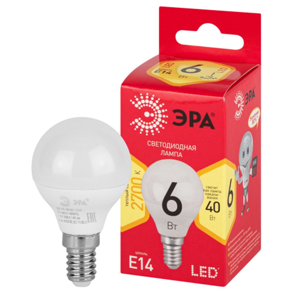 Лампа светодиодная ЭРА RED LINE LED P45-6W-827-E14 R 6Вт шар теплый белый свет E14 | Лампы cветодиодные Шар (G/P)