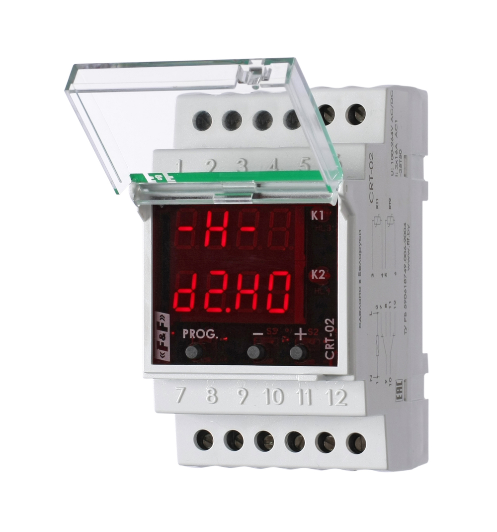 Реле контроля температуры CRT-02 100-264В AC/DC 2х16А 2NO/NC IP20 (2-канал.; диапазон температур от -50 до +140град.C; многофункц.; цифровая индикация; выносн. датчики с термоустойч. проводом)