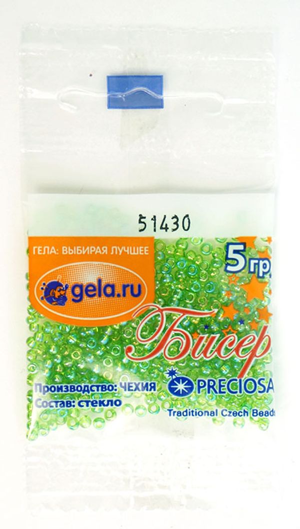 Бисер Preciosa 10/0, 50 г (10 шт по 5 г), цв.51430 желто-зелен. радужн. прозр.