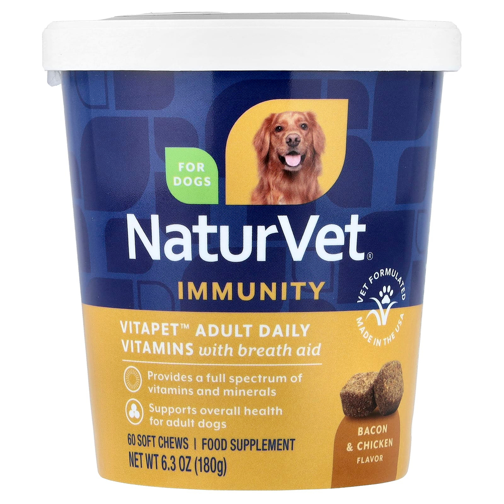 NaturVet, VitaPet Adult, ежедневные витамины и помощь при дыхании, для собак, 60 жевательных таблеток, 180 г (6,3 унции)