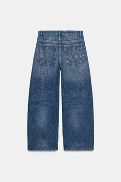 ZARA ДЖИНСЫ TRF BAGGY FIT СО СРЕДНЕЙ ПОСАДКОЙ И СТРАЗАМИ, СИНИЙ
