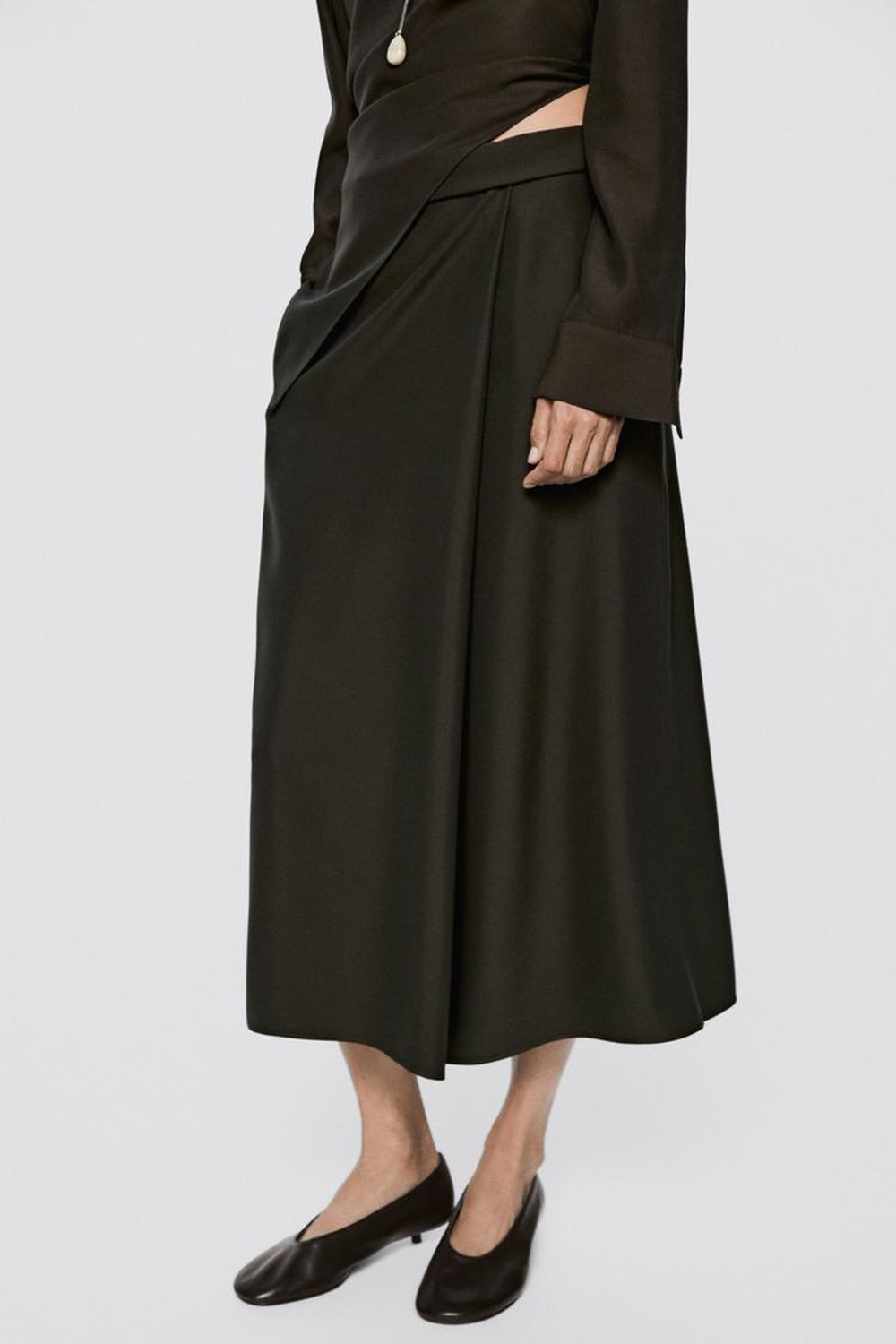 Massimo Dutti Струящаяся юбка-миди с отделкой на талии - Limited Edition, серо-зеленый