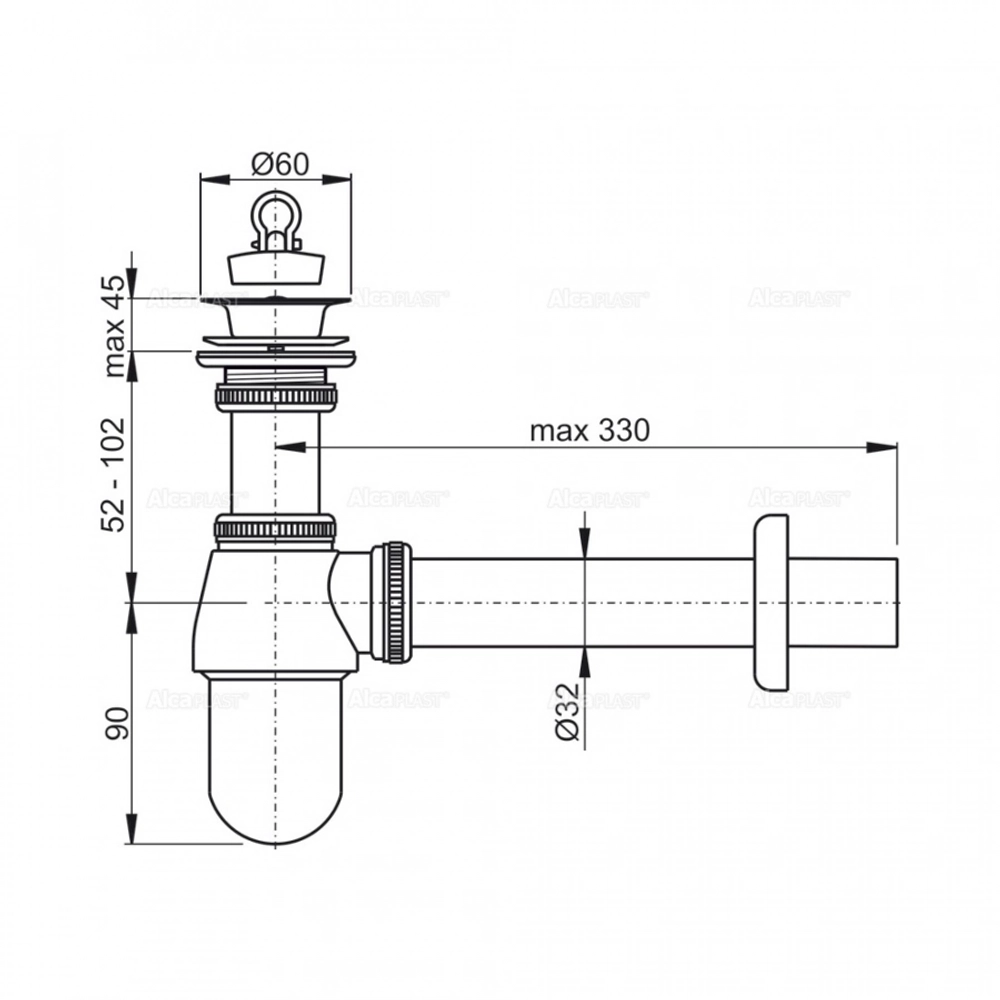 AlcaPlast Сифон для раковины,d*32. цельнометалический, с накидной гайкой 5/4 A437