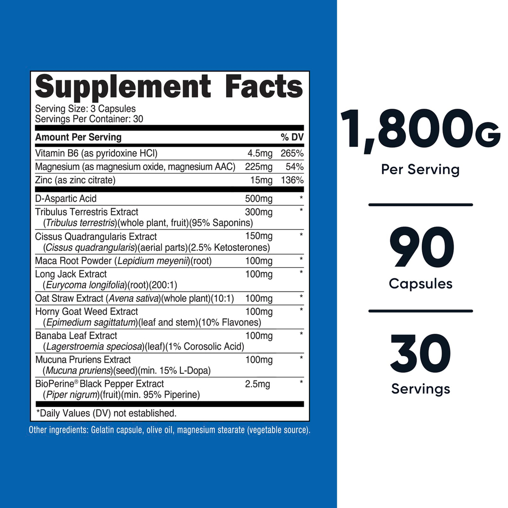 Nutricost, тестостероновый комплекс, 1800 мг, 90 капсул (600 мг в 1 капсуле)
