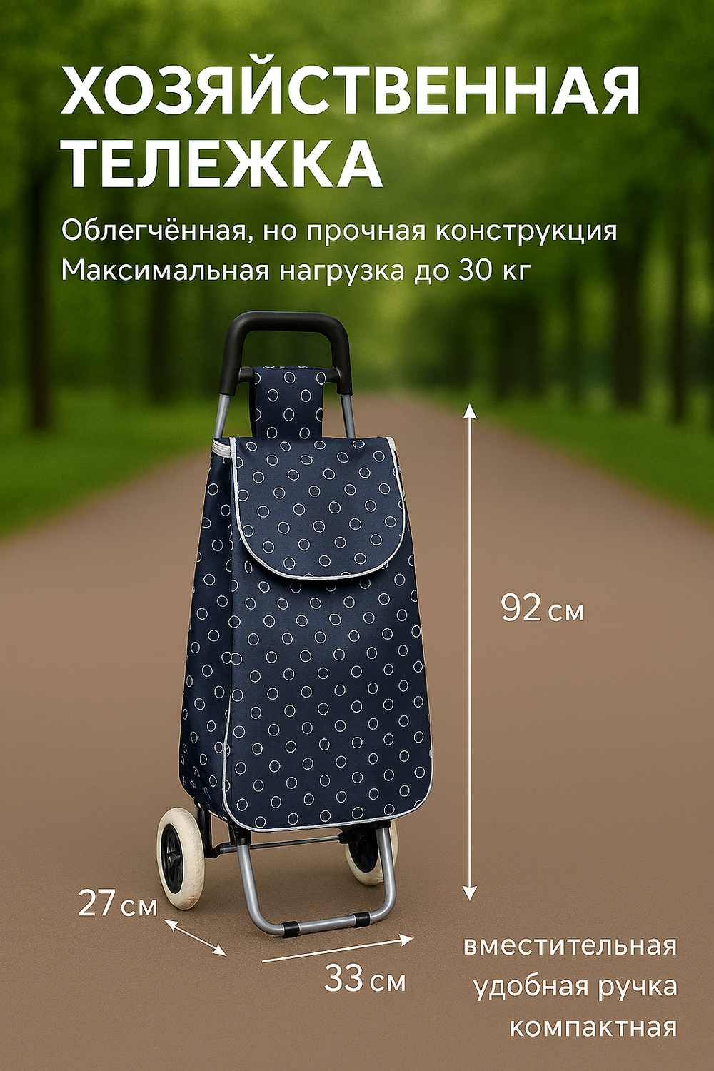 Тележка хозяйственная с сумкой (92*33*27см, колеса 16см,грузоподъемность до 30 кг.) синяя DC308AG2