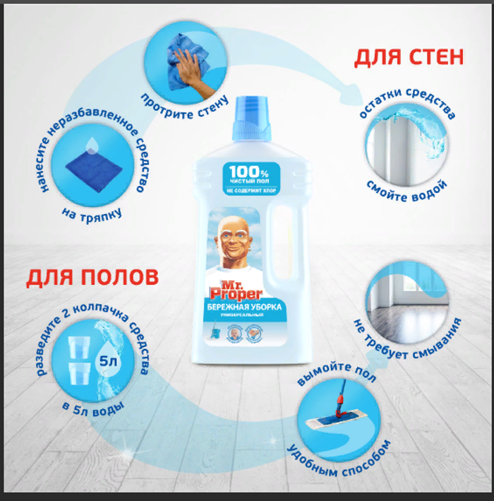 Mr. Proper Моющая жидкость для полов и стен 500 мл. Бережная уборка пропер 0066