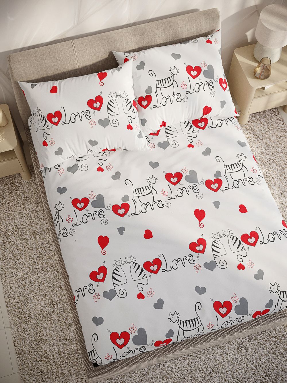 Постельное белье поплин Сказка "Lovecats" 2-спальное Наволочка 50х70 см 2 шт Простынь на резинке 160x200 см Пододеяльник 175x215 см