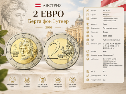 Австрия 2 евро, 2015 Берта фон Зутнер aUNC