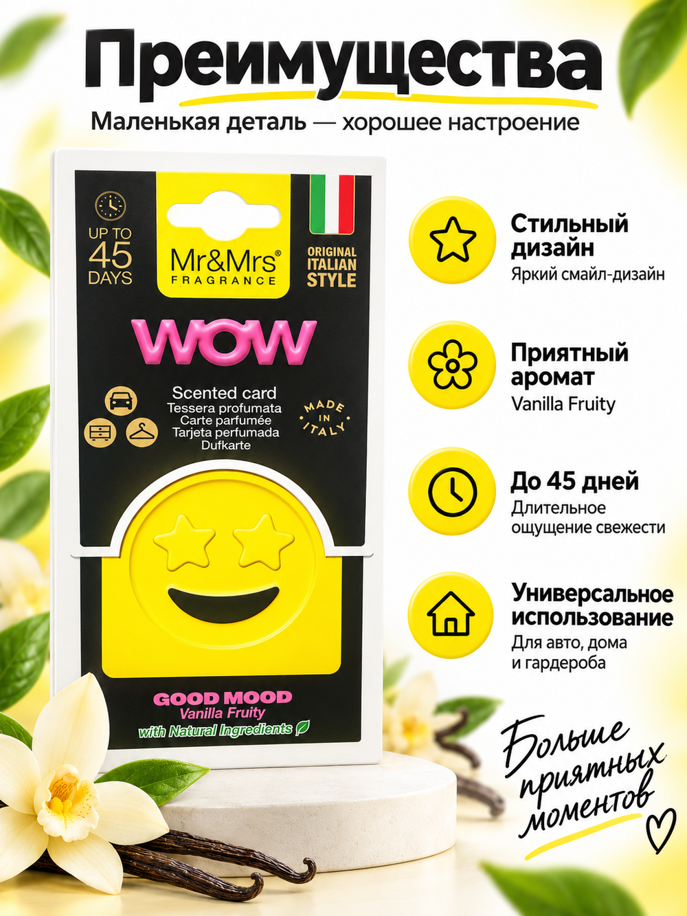 Mr&Mrs Fragrance Аромакарточка для автомобиля GOOD MOOD SMART | ВОСТОРГ желтый VANILLA FRUITY